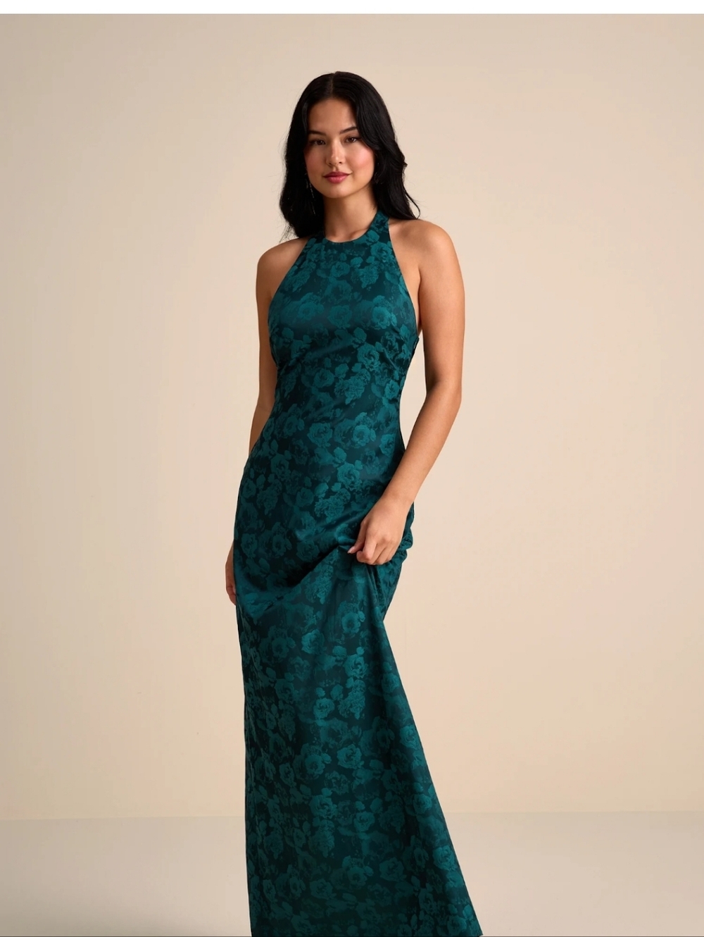 Lulu's Teal Floral Backless Halter Dress